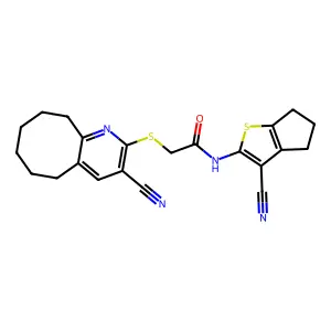 N-(3-cyano-5,6-dihydro-4H-cyclopenta[b]thiophen-2-yl)-2-[(3-cyano-5,6,7,8,9,10-hexahydrocycloocta[b]pyridin-2-yl)sulfanyl]acetamide structure