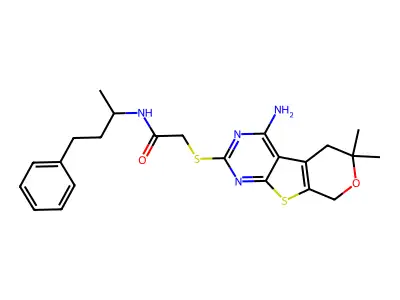 2-((4-amino-6,6-dimethyl-6,8-dihydro-5H-pyrano[4',3':4,5]thieno[2,3-d]pyrimidin-2-yl)thio)-N-(4-phenylbutan-2-yl)acetamide structure