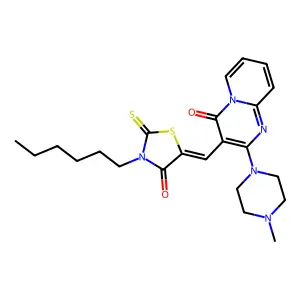 3-[(Z)-(3-hexyl-4-oxo-2-thioxo-1,3-thiazolidin-5-ylidene)methyl]-2-(4-methylpiperazin-1-yl)-4H-pyrido[1,2-a]pyrimidin-4-one structure
