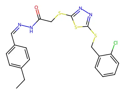 2-[[5-[(2-chlorophenyl)methylsulfanyl]-1,3,4-thiadiazol-2-yl]sulfanyl]-N-[(E)-(4-ethylphenyl)methylideneamino]acetamide structure