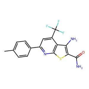 3-amino-6-(4-methylphenyl)-4-(trifluoromethyl)thieno[2,3-b]pyridine-2-carboxamide structure