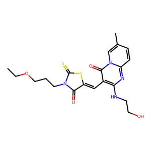 3-{(Z)-[3-(3-ethoxypropyl)-4-oxo-2-thioxo-1,3-thiazolidin-5-ylidene]methyl}-2-[(2-hydroxyethyl)amino]-7-methyl-4H-pyrido[1,2-a]pyrimidin-4-one structure