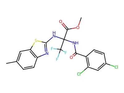 methyl 2-[(2,4-dichlorobenzoyl)amino]-3,3,3-trifluoro-2-[(6-methyl-1,3-benzothiazol-2-yl)amino]propanoate structure