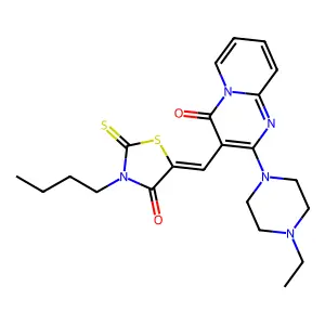 3-[(Z)-(3-butyl-4-oxo-2-thioxo-1,3-thiazolidin-5-ylidene)methyl]-2-(4-ethylpiperazin-1-yl)-4H-pyrido[1,2-a]pyrimidin-4-one structure