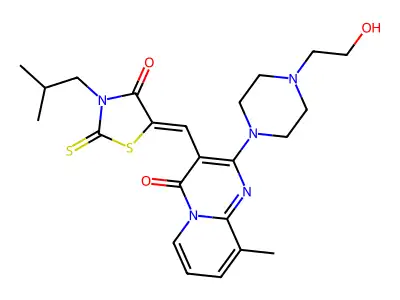 2-[4-(2-hydroxyethyl)piperazin-1-yl]-9-methyl-3-{(Z)-[3-(2-methylpropyl)-4-oxo-2-thioxo-1,3-thiazolidin-5-ylidene]methyl}-4H-pyrido[1,2-a]pyrimidin-4-one structure
