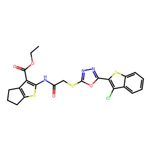 ethyl 2-[({[5-(3-chloro-1-benzothiophen-2-yl)-1,3,4-oxadiazol-2-yl]sulfanyl}acetyl)amino]-5,6-dihydro-4H-cyclopenta[b]thiophene-3-carboxylate structure