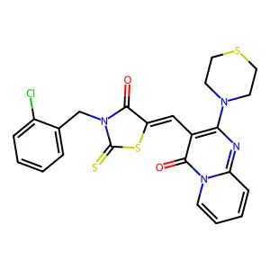 3-{(Z)-[3-(2-chlorobenzyl)-4-oxo-2-thioxo-1,3-thiazolidin-5-ylidene]methyl}-2-(thiomorpholin-4-yl)-4H-pyrido[1,2-a]pyrimidin-4-one structure