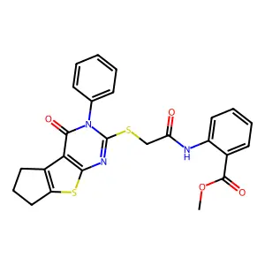 Methyl 2-[2-(4-oxo-3-phenyl-3,5,6,7-tetrahydrocyclopenta[2,1-d]pyrimidino[4,5-b]thiophen-2-ylthio)acetylamino]benzoate structure