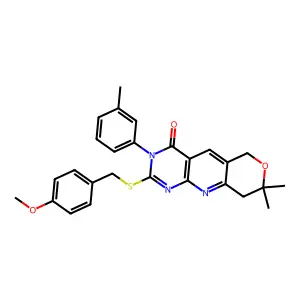 2-((4-methoxybenzyl)thio)-8,8-dimethyl-3-(m-tolyl)-8,9-dihydro-3H-pyrano[3',4':5,6]pyrido[2,3-d]pyrimidin-4(6H)-one structure