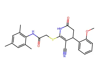 2-((3-cyano-4-(2-methoxyphenyl)-6-oxo-1,4,5,6-tetrahydropyridin-2-yl)thio)-N-mesitylacetamide structure