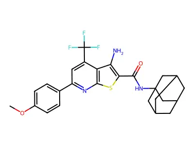 N-(1-adamantyl)-3-amino-6-(4-methoxyphenyl)-4-(trifluoromethyl)thieno[2,3-b]pyridine-2-carboxamide structure