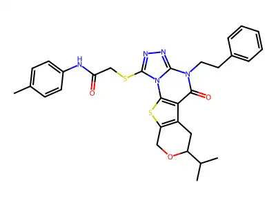 2-((7-isopropyl-5-oxo-4-phenethyl-5,6,7,9-tetrahydro-4H-pyrano[4',3':4,5]thieno[3,2-e][1,2,4]triazolo[4,3-a]pyrimidin-1-yl)thio)-N-(p-tolyl)acetamide structure