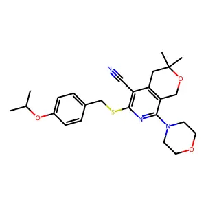 3,3-dimethyl-8-morpholin-4-yl-6-[(4-propan-2-yloxyphenyl)methylsulfanyl]-1,4-dihydropyrano[3,4-c]pyridine-5-carbonitrile structure