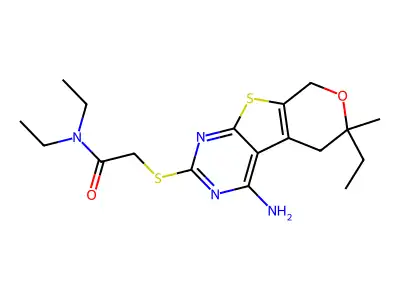 2-((4-amino-6-ethyl-6-methyl-6,8-dihydro-5H-pyrano[4',3':4,5]thieno[2,3-d]pyrimidin-2-yl)thio)-N,N-diethylacetamide structure