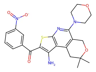 (1-amino-8,8-dimethyl-5-morpholino-8,9-dihydro-6H-pyrano[4,3-d]thieno[2,3-b]pyridin-2-yl)(3-nitrophenyl)methanone structure
