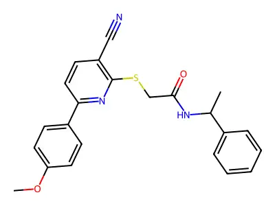 2-[3-cyano-6-(4-methoxyphenyl)pyridin-2-yl]sulfanyl-N-(1-phenylethyl)acetamide structure