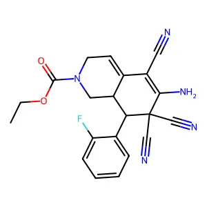 (8R,8aR)-ethyl 6-amino-5,7,7-tricyano-8-(2-fluorophenyl)-1,7,8,8a-tetrahydroisoquinoline-2(3H)-carboxylate structure