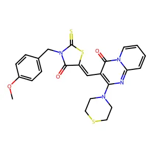 3-{(Z)-[3-(4-methoxybenzyl)-4-oxo-2-thioxo-1,3-thiazolidin-5-ylidene]methyl}-2-(thiomorpholin-4-yl)-4H-pyrido[1,2-a]pyrimidin-4-one structure
