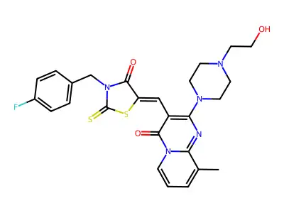 3-{(Z)-[3-(4-fluorobenzyl)-4-oxo-2-thioxo-1,3-thiazolidin-5-ylidene]methyl}-2-[4-(2-hydroxyethyl)piperazin-1-yl]-9-methyl-4H-pyrido[1,2-a]pyrimidin-4-one structure