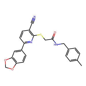 2-[6-(1,3-benzodioxol-5-yl)-3-cyanopyridin-2-yl]sulfanyl-N-[(4-methylphenyl)methyl]acetamide structure