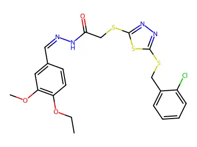 2-[[5-[(2-chlorophenyl)methylsulfanyl]-1,3,4-thiadiazol-2-yl]sulfanyl]-N-[(E)-(4-ethoxy-3-methoxyphenyl)methylideneamino]acetamide structure