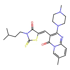 7-methyl-3-{(Z)-[3-(3-methylbutyl)-4-oxo-2-thioxo-1,3-thiazolidin-5-ylidene]methyl}-2-(4-methylpiperazin-1-yl)-4H-pyrido[1,2-a]pyrimidin-4-one structure