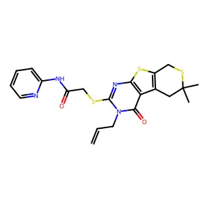 2-((3-allyl-6,6-dimethyl-4-oxo-4,5,6,8-tetrahydro-3H-thiopyrano[4',3':4,5]thieno[2,3-d]pyrimidin-2-yl)thio)-N-(pyridin-2-yl)acetamide structure