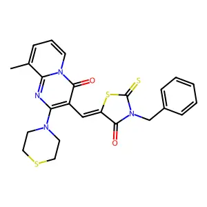 3-[(Z)-(3-benzyl-4-oxo-2-thioxo-1,3-thiazolidin-5-ylidene)methyl]-9-methyl-2-(thiomorpholin-4-yl)-4H-pyrido[1,2-a]pyrimidin-4-one structure