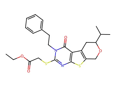 ethyl {[4-oxo-3-(2-phenylethyl)-6-(propan-2-yl)-3,5,6,8-tetrahydro-4H-pyrano[4',3':4,5]thieno[2,3-d]pyrimidin-2-yl]sulfanyl}acetate structure