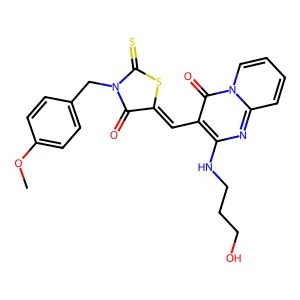 2-[(3-hydroxypropyl)amino]-3-{(Z)-[3-(4-methoxybenzyl)-4-oxo-2-thioxo-1,3-thiazolidin-5-ylidene]methyl}-4H-pyrido[1,2-a]pyrimidin-4-one structure