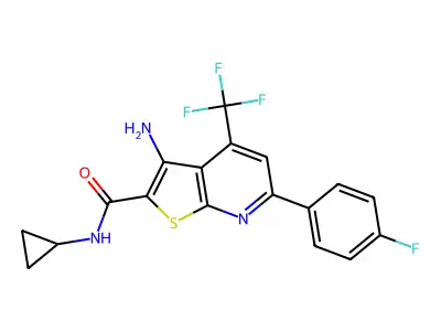 3-amino-N-cyclopropyl-6-(4-fluorophenyl)-4-(trifluoromethyl)thieno[2,3-b]pyridine-2-carboxamide structure