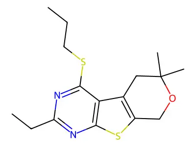 2-ethyl-6,6-dimethyl-4-propylsulfanyl-5,8-dihydropyrano[2,3]thieno[2,4-d]pyrimidine structure