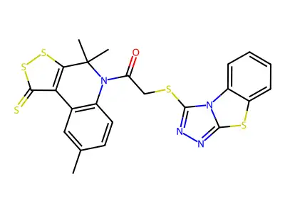 2-([1,2,4]triazolo[3,4-b][1,3]benzothiazol-3-ylsulfanyl)-1-(4,4,8-trimethyl-1-thioxo-1,4-dihydro-5H-[1,2]dithiolo[3,4-c]quinolin-5-yl)ethanone structure