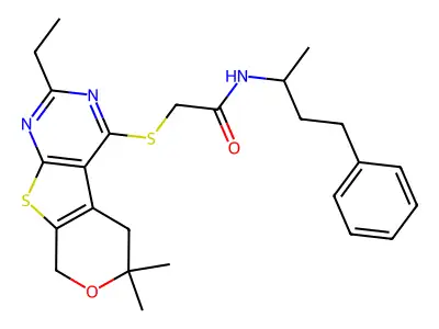 2-((2-ethyl-6,6-dimethyl-6,8-dihydro-5H-pyrano[4',3':4,5]thieno[2,3-d]pyrimidin-4-yl)thio)-N-(4-phenylbutan-2-yl)acetamide structure