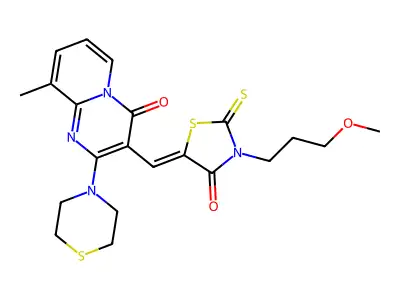 3-{(Z)-[3-(3-methoxypropyl)-4-oxo-2-thioxo-1,3-thiazolidin-5-ylidene]methyl}-9-methyl-2-(thiomorpholin-4-yl)-4H-pyrido[1,2-a]pyrimidin-4-one structure