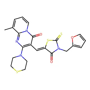 (Z)-3-(furan-2-ylmethyl)-5-((9-methyl-4-oxo-2-thiomorpholino-4H-pyrido[1,2-a]pyrimidin-3-yl)methylene)-2-thioxothiazolidin-4-one structure
