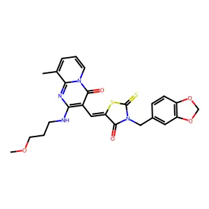 3-{(Z)-[3-(1,3-benzodioxol-5-ylmethyl)-4-oxo-2-thioxo-1,3-thiazolidin-5-ylidene]methyl}-2-[(3-methoxypropyl)amino]-9-methyl-4H-pyrido[1,2-a]pyrimidin-4-one structure