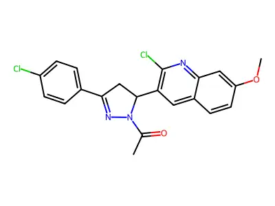 1-[3-(2-chloro-7-methoxyquinolin-3-yl)-5-(4-chlorophenyl)-3,4-dihydropyrazol-2-yl]ethanone structure