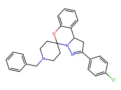 9-(4-chlorophenyl)-14-benzylspiro[10aH-benzo[e]2-pyrazolino[1,5-c]1,3-oxazine-6,4'-piperidine] structure