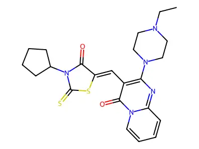 3-[(Z)-(3-cyclopentyl-4-oxo-2-thioxo-1,3-thiazolidin-5-ylidene)methyl]-2-(4-ethylpiperazin-1-yl)-4H-pyrido[1,2-a]pyrimidin-4-one structure
