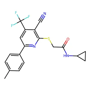 2-{[3-cyano-6-(4-methylphenyl)-4-(trifluoromethyl)pyridin-2-yl]sulfanyl}-N-cyclopropylacetamide structure