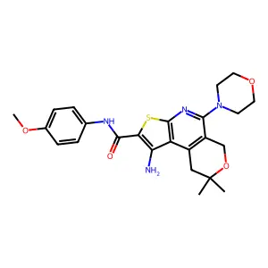 1-amino-N-(4-methoxyphenyl)-8,8-dimethyl-5-(morpholin-4-yl)-8,9-dihydro-6H-pyrano[4,3-d]thieno[2,3-b]pyridine-2-carboxamide structure
