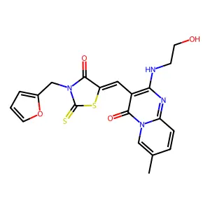 (Z)-3-(furan-2-ylmethyl)-5-((2-((2-hydroxyethyl)amino)-7-methyl-4-oxo-4H-pyrido[1,2-a]pyrimidin-3-yl)methylene)-2-thioxothiazolidin-4-one structure