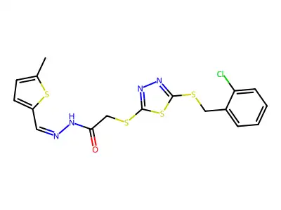 2-[[5-[(2-chlorophenyl)methylsulfanyl]-1,3,4-thiadiazol-2-yl]sulfanyl]-N-[(E)-(5-methylthiophen-2-yl)methylideneamino]acetamide structure