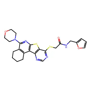 N-(furan-2-ylmethyl)-2-((5-morpholino-1,2,3,4-tetrahydropyrimido[4',5':4,5]thieno[2,3-c]isoquinolin-8-yl)thio)acetamide structure