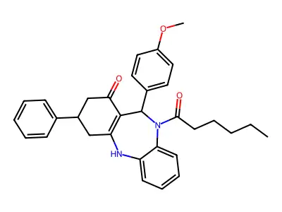 10-hexanoyl-11-(4-methoxyphenyl)-3-phenyl-2,3,4,5,10,11-hexahydro-1H-dibenzo[b,e][1,4]diazepin-1-one structure