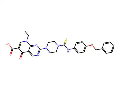 8-ethyl-5-oxo-2-[4-[(4-phenylmethoxyphenyl)carbamothioyl]piperazin-1-yl]pyrido[2,3-d]pyrimidine-6-carboxylic acid structure
