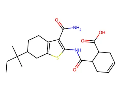 6-[[3-carbamoyl-6-(2-methylbutan-2-yl)-4,5,6,7-tetrahydro-1-benzothiophen-2-yl]carbamoyl]cyclohex-3-ene-1-carboxylic acid structure