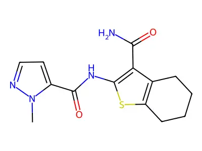 N-(3-carbamoyl-4,5,6,7-tetrahydro-1-benzothiophen-2-yl)-2-methylpyrazole-3-carboxamide structure