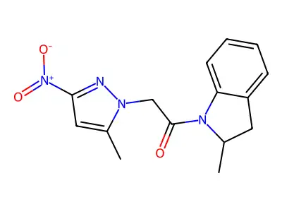 1-({3-nitro-5-methyl-1H-pyrazol-1-yl}acetyl)-2-methylindoline structure